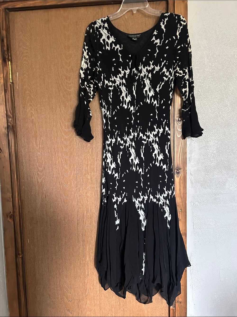 Temptations Black & White Asymmetrical Handkerchief Hem Dress - V-Neck